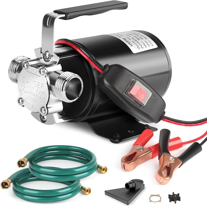 FIDISP 12 Volt Water Pump, Portable Transfer Pump, 330GPH Larger Flow, 1/10HP Electric Utility Pump with On/Off Switch, 2 * 6’ Water Hose Kit for Garden Pools Aquariums Hot Tub - Image 1